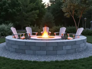 Modern Circular Fire Pit - A modern circular fire pit made from light gray cinder blocks arranged in a perfect circle, surrounded by gravel and modern Adirondack chairs, soft evening lighting, photorealistic