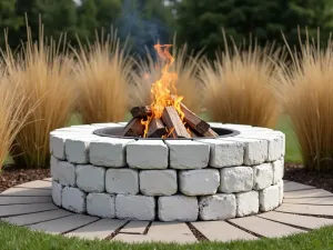 Modern Farmhouse Fire Pit - Wide angle view of a whitewashed cinder block fire pit with black metal accents, surrounded by wheat-colored ornamental grasses