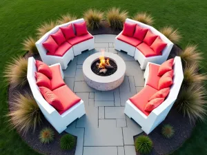 Modern Fire Pit Seating - Aerial view of a contemporary outdoor seating area made from painted white cinder blocks arranged in a circle around a fire pit, cushioned with bright outdoor pillows, surrounded by ornamental grasses