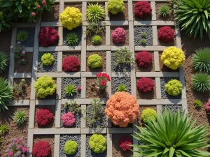 Modern Geometric Block Pattern - Aerial view of cinder blocks arranged in a complex geometric pattern, planted with drought-resistant sedums in various colors