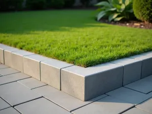 Modern Grey Block Border - Clean and modern garden border made of smooth grey cinder blocks laid horizontally, creating a sleek edging around a lush green lawn, photographed at a slight angle with late afternoon lighting