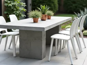 Modern Minimalist Cinder Block Table - A sleek outdoor dining table made from polished gray cinder blocks and a smooth concrete top, styled with minimalist white chairs and succulents in small copper pots, photographed in natural daylight