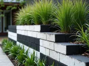 Modern Monochrome Block Wall - Close-up of a modernist garden wall made from cinder blocks painted in alternating black and white, with geometric plantings of mondo grass