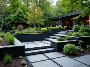 Modern Shade Garden - Normal view of a contemporary shade garden featuring black-painted cinder blocks arranged in a geometric pattern, filled with shade-loving plants and highlighted with modern garden lighting