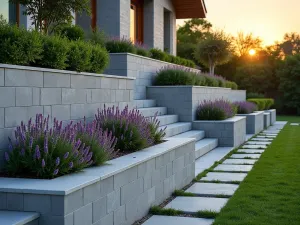 Modern Stepped Cinder Block Wall - A contemporary terraced garden wall made from light grey cinder blocks, creating a stepped effect with integrated planters filled with cascading succulents and purple trailing lantana, photographed at sunset