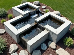 Modern Water Feature - Aerial shot of a contemporary water feature made from stacked cinder blocks creating a geometric pattern with water cascading down multiple levels, surrounded by river rocks and low-growing ground cover