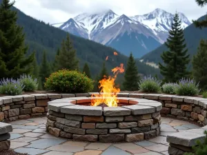 Mountain Lodge Fire Pit - Rustic cinder block fire pit with stacked stone appearance, surrounded by evergreens and mountain laurel, snow-capped mountains in background