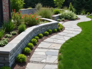 Natural Stone Look - Bird's eye view of faux-finished cinder blocks mimicking natural stone, creating a winding garden border filled with native wildflowers