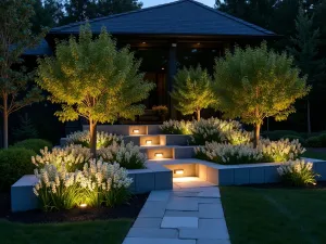 Night-Lit Block Garden - Evening shot of a modern cinder block garden with integrated LED lighting, planted with white flowering plants that glow in the darkness