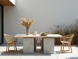 Nordic Block Dining Table - Minimalist outdoor dining table made from light gray cinder blocks with pale wood top, styled with Scandinavian accessories and ornamental grasses, clean wide angle view