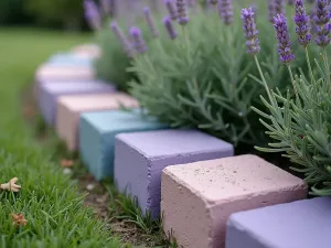 Pastel Geometric Garden Border - Close-up view of pastel-painted cinder blocks arranged in a geometric pattern as a garden border, filled with lavender and sage, soft afternoon lighting