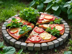 Children's Pizza Garden - Circular cinder block garden designed like a pizza, divided into sections. Growing pizza-themed vegetables and herbs. Close-up view of the creative layout.