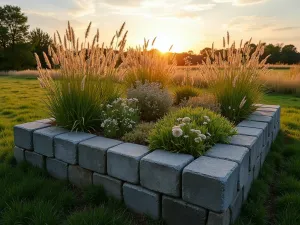 Prairie Style Block Garden - Wide angle view of a naturalistic cinder block arrangement filled with prairie plants and ornamental grasses, sunset lighting