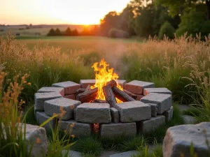 Prairie Style Fire Pit - Natural-looking cinder block fire pit with prairie style influences, surrounded by native grasses and wildflowers, golden hour lighting