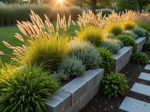 Prairie Style Garden - Natural-looking cinder block raised beds with native prairie plants, ornamental grasses swaying in breeze, golden hour lighting, aerial view