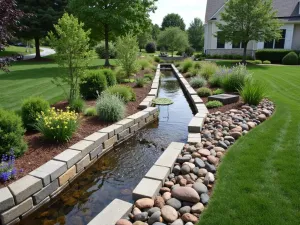 Rain Garden Feature - Wide-angle view of a rain garden incorporating cinder blocks as retaining walls and water channels, planted with water-loving plants and decorated with river rocks