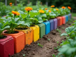 Rainbow Garden Blocks - Cheerful vegetable garden with rainbow-colored cinder blocks arranged in a straight line. Each section growing different vegetables, with marigolds in the block holes. Wide angle view showing the full color spectrum.