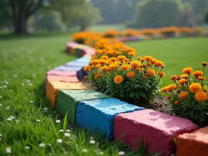 Rainbow Flower Border - Long curved border of painted cinder blocks in rainbow colors filled with coordinating flowers, morning dew visible, wide landscape view