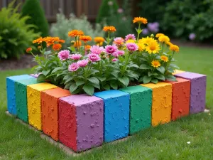 Rainbow Garden Bed - Normal view of a raised garden bed created from colorfully painted cinder blocks in rainbow colors, filled with matching flowers in corresponding hues, well-organized and vibrant