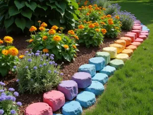 Rainbow Garden Border - Playful garden edge created with rainbow-colored cinder blocks, filled with bright annual flowers, viewed from above