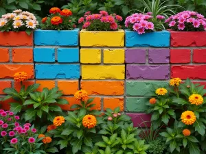 Rainbow Garden Wall - A playful cinder block wall with blocks painted in rainbow colors, featuring bright annuals like marigolds, zinnias, and verbena in matching colors, aerial view