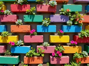 Rainbow Painted Cinder Block Planter Wall - A vibrant vertical garden wall made of painted cinder blocks in rainbow colors, each block filled with cascading succulents and trailing petunias, photographed straight on in natural sunlight