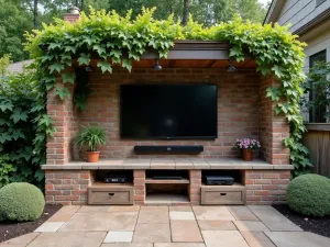 Rustic Entertainment Center - Aerial view of an outdoor entertainment center made from rustic cinder blocks with a built-in TV mount, storage spaces, and climbing vine coverage