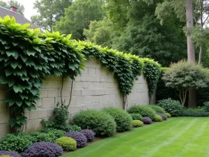 Rustic Garden Boundary - A weathered cinder block boundary wall with intentionally exposed aggregate, covered partially in climbing ivy and Virginia creeper, creating a cottage garden feel, normal perspective