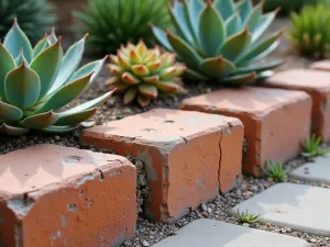 Rustic Painted Edge - Close-up shot of weathered cinder blocks painted in earth tones, creating a rustic garden edge with succulents and desert plants growing between blocks