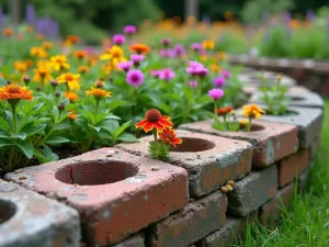 Rustic Rainbow Cinder Block Border - Close-up view of weathered cinder blocks arranged in a single row as garden border, each hole planted with different colored wildflowers creating a rainbow effect