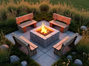 Rustic Square Fire Pit - Aerial view of a square cinder block fire pit with rustic wooden benches, surrounded by ornamental grasses and native wildflowers, warm sunset lighting