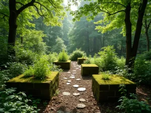 Shade Garden Sanctuary - Moss-covered cinder block raised beds with shade-loving plants, dappled light through tree canopy, peaceful woodland setting, wide angle view