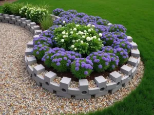 Spiral Cinder Block Flower Display - Aerial view of a spiral-shaped cinder block arrangement creating a unique flower bed, planted with lavender and white alyssum, on a bed of decorative gravel