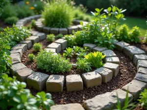 Spiral Herb Garden - A spiral-shaped herb garden created with curved cinder block arrangement. Mediterranean herbs growing in both the center spaces and block holes. Natural stone mulch pathways between levels. Close-up view with morning dew.