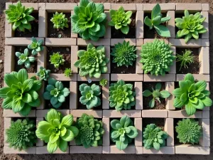 Square Foot Garden Grid - Organized square foot garden created with cinder blocks forming perfect squares. Different vegetables in each square following companion planting principles. Aerial view showing the grid pattern.