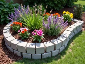 Stacked Block Flower Border - Aerial view of a curved garden border created with staggered cinder blocks, filled with colorful petunias and lavender cascading over the edges, surrounded by mulch