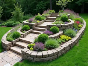 Stepped Garden Border - Wide angle view of terraced garden edging made with cinder blocks creating multiple levels, planted with cascading creeping thyme and iberis