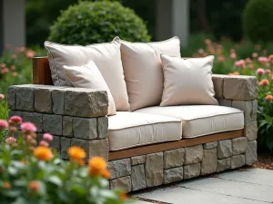 Natural Stone Block Loveseat - Close-up of a two-person loveseat made from stone-faced cinder blocks with thick wooden arms and plush outdoor cushions, nestled among flowering perennials