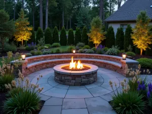 Natural Stone-faced Fire Pit - Cinder block fire pit covered with natural stone veneer, surrounded by butterfly-friendly perennials and built-in seating, twilight atmosphere