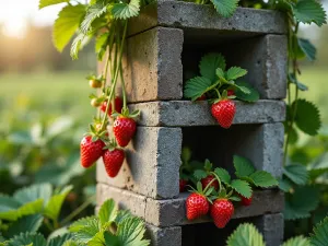 Strawberry Tower Garden - Stacked cinder block tower with strawberry plants cascading from openings, rich red berries visible, afternoon sunlight, close-up perspective