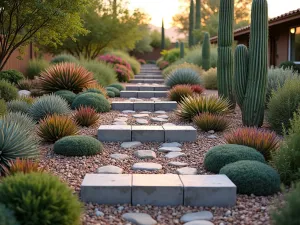 Succulent Block Steps - Wide-angle shot of terraced cinder block steps in a garden, each block filled with colorful succulents and sedums. Desert-inspired design with pebble accents and warm sunset lighting