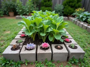 Succulent Border Garden - Vegetable garden bordered with cinder blocks containing colorful succulents in the holes. Main bed growing seasonal vegetables. Wide angle view showing the decorative border effect.