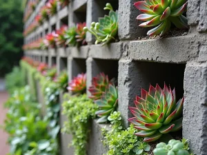 Succulent Wall Garden - Vertical cinder block wall garden with various colorful succulents planted in each opening, natural weathered concrete texture, side angle view