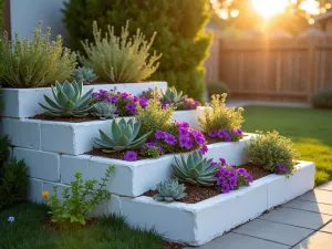 Tiered Cinder Block Garden Bed - A modern three-tiered cinder block flower bed with cascading succulents and purple petunias, photographed at eye level during golden hour, blocks painted in soft white