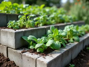 Tiered Cinder Block Garden - A well-organized tiered vegetable garden made with gray cinder blocks, creating three levels of growing spaces. Various leafy greens and tomato plants growing abundantly. Natural lighting, showing the practical arrangement of blocks filled with rich soil. Close-up perspective.