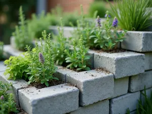 Tiered Herb Garden Blocks - Neat tiered raised garden made from light gray cinder blocks arranged in three levels, filled with cascading herbs including thyme, oregano, and rosemary, soft natural lighting, closeup view