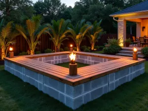 Tropical Block Entertainment Center - Large L-shaped outdoor entertainment table made from cinder blocks with wooden top, decorated with tropical plants and tiki torches, twilight ambient lighting