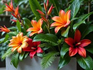 Tropical Block Paradise - Close-up of a lush tropical arrangement in cinder blocks, featuring bright tropical flowers and exotic foliage plants