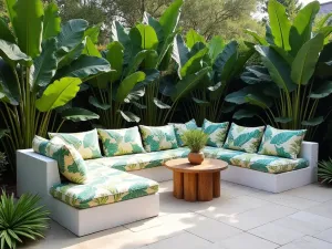 Tropical Paradise Sectional - Wide angle of a large outdoor sectional made from white-washed cinder blocks with tropical print cushions, surrounded by lush tropical plants