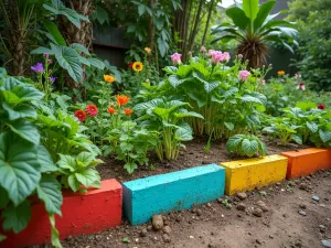 Tropical Paradise Garden - Vibrant vegetable garden with painted tropical-colored cinder blocks. Mixed tropical vegetables and edible flowers, creating a lush environment. Normal view showing the paradise-like setting.